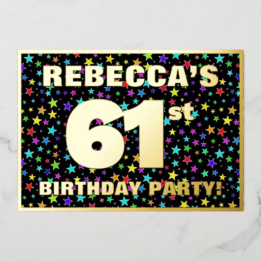 61ste verjaardag van de Vreugde - Fun, kleurrijk s Folie Uitnodiging (Voorkant)