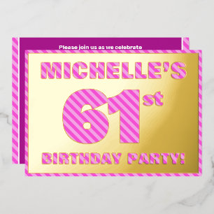 61ste verjaardag — Vet, vuurtje, roze band # 61 Folie Uitnodiging