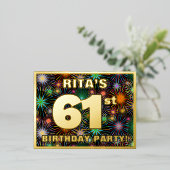 61ste verjaardag: Vette, kleurrijke Fireworks-look Folie Uitnodiging Briefkaart (Staand Voorkant)