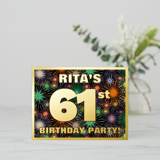 61ste verjaardag: Vette, kleurrijke Fireworks-look Folie Uitnodiging Briefkaart (Staand Voorkant)