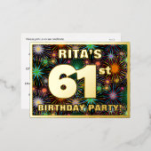 61ste verjaardag: Vette, kleurrijke Fireworks-look Folie Uitnodiging Briefkaart (Voorkant / Achterkant)