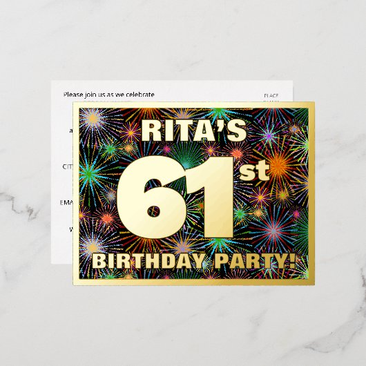 61ste verjaardag: Vette, kleurrijke Fireworks-look Folie Uitnodiging Briefkaart (Voorkant / Achterkant)