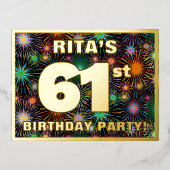 61ste verjaardag: Vette, kleurrijke Fireworks-look Folie Uitnodiging Briefkaart (Voorkant)
