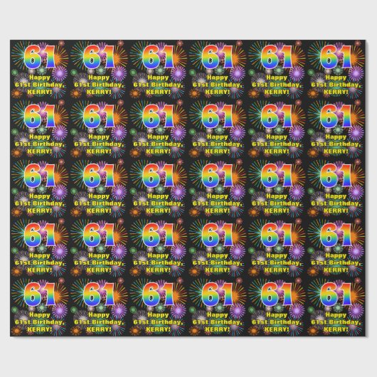 61ste verjaardag: vuurwerk, regenboogblik # "61" cadeaupapier (Vlak)