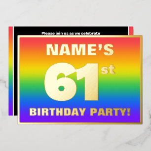 61ste verjaardagsfeest: leuk, kleurrijk regenboogp folie uitnodiging
