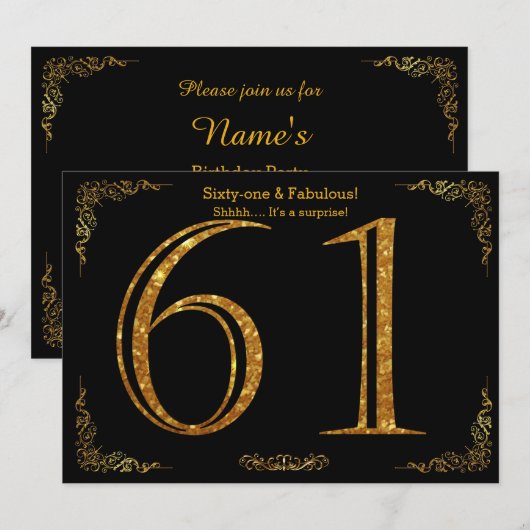 61th Birthday party, Gatsby styl, zwarte gouden gl Kaart (Voorkant / Achterkant)