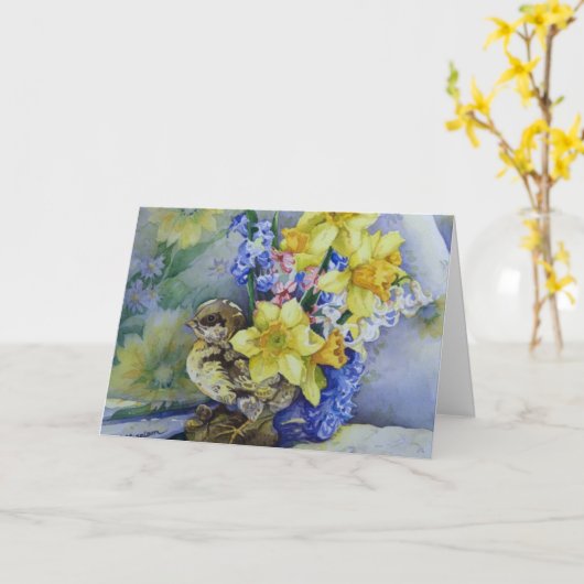 6296 Daffodils in Bird Planter Birthday Card Kaart (Gele Bloem)