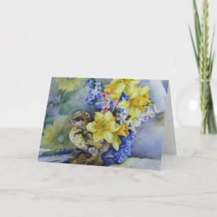 6296 Daffodils in Bird Planter Birthday Card Kaart