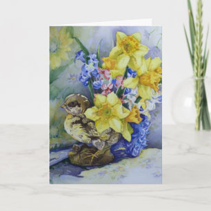 6296 Daffodils in Bird Planter Birthday Card Kaart