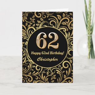 62e Birthday Black en Gold Floral Pattern Kaart