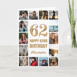 62e Happy Birthday Gold en White Photo Collage Kaart
