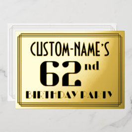 62e verjaardag: Art Deco Kijk "62" en naam Folie Uitnodiging