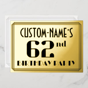 62e verjaardag: Art Deco Kijk "62" en naam Folie Uitnodiging