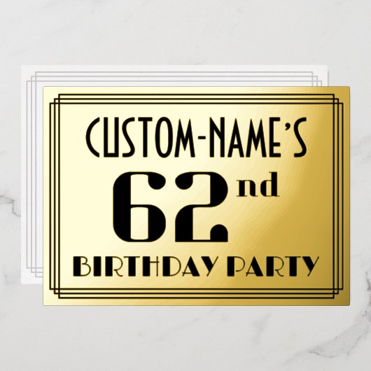 62e verjaardag: Art Deco Kijk "62" en naam Folie Uitnodiging (Voorkant / Achterkant)