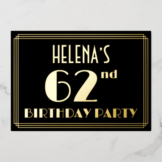 62e verjaardag: Art Deco Kijk "62", met naam Folie Uitnodiging (Voorkant)