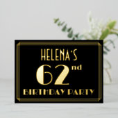 62e verjaardag: Art Deco Kijk "62", met naam Folie Uitnodiging (Staand Voorkant)