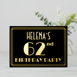 62e verjaardag: Art Deco Kijk "62", met naam Folie Uitnodiging
