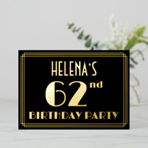 62e verjaardag: Art Deco Kijk "62", met naam Folie Uitnodiging