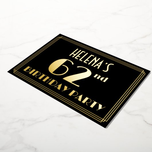 62e verjaardag: Art Deco Kijk "62", met naam Folie Uitnodiging (Gedraaid)