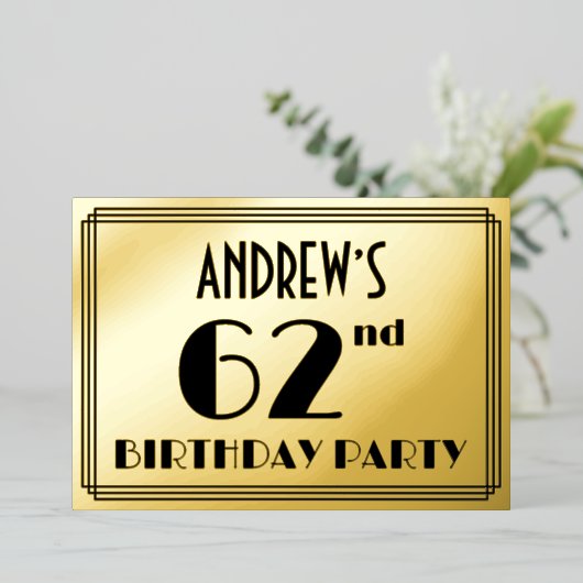 62e verjaardag — Art Deco look "62" + Naam Folie Uitnodiging (Staand Voorkant)
