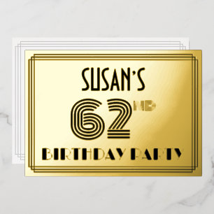 62e verjaardag — Art Deco Style "62" en naam Folie Uitnodiging