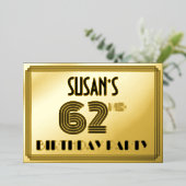 62e verjaardag — Art Deco Style "62" en naam Folie Uitnodiging (Staand Voorkant)