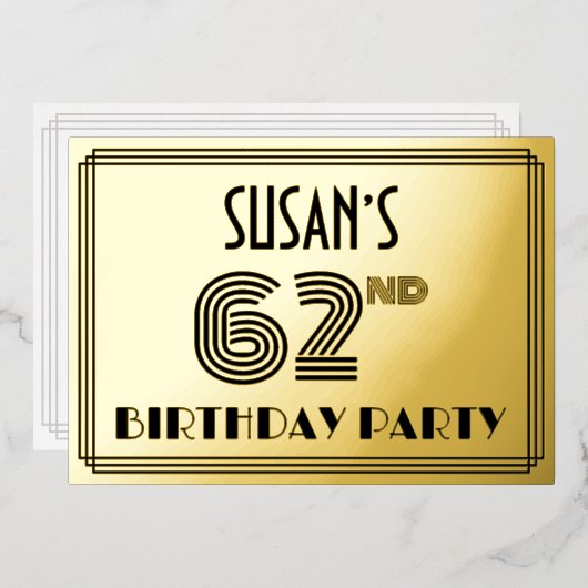 62e verjaardag — Art Deco Style "62" en naam Folie Uitnodiging (Voorkant / Achterkant)