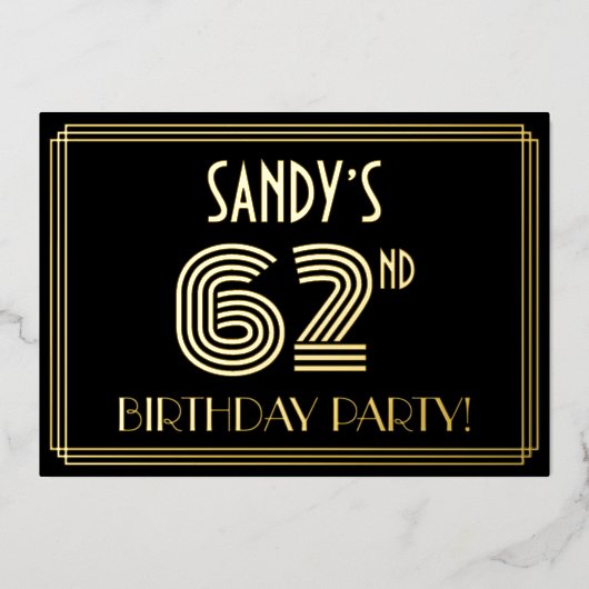 62e verjaardag — Art Deco Style "62" + Naam Folie Uitnodiging (Voorkant)