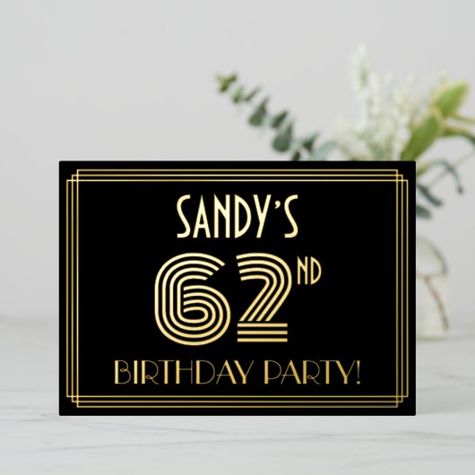 62e verjaardag — Art Deco Style "62" + Naam Folie Uitnodiging (Staand Voorkant)