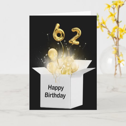 62e verjaardag ballonnen in witte doos kaart (Gele Bloem)