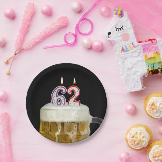 62e verjaardag bier met kaars papieren bordje (Feest)