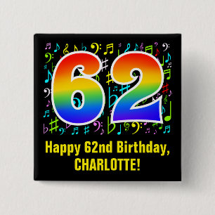 62e verjaardag: Colorful Music Symbols, Rainbow 62 Vierkante Button 5,1 Cm