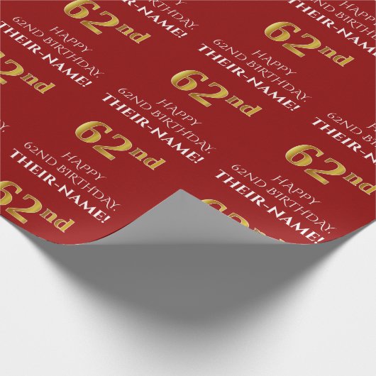 62e verjaardag: Elegant, rood, faux gouden look Cadeaupapier (Hoek)