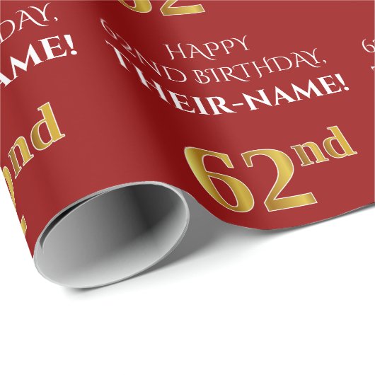 62e verjaardag: Elegant, rood, faux gouden look Cadeaupapier (Rol Hoek)
