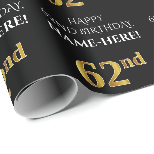 62e verjaardag: Elegant, zwart, Faux Gold look Cadeaupapier (Rol Hoek)