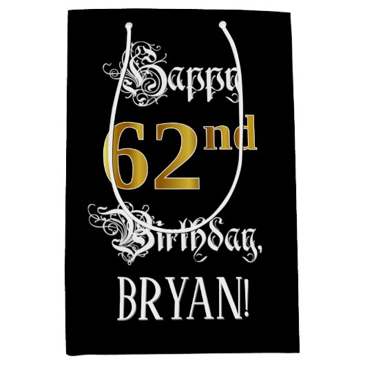 62e verjaardag ~ Fancy script; Faux Gold look; naa Medium Cadeauzakje (Voorkant)