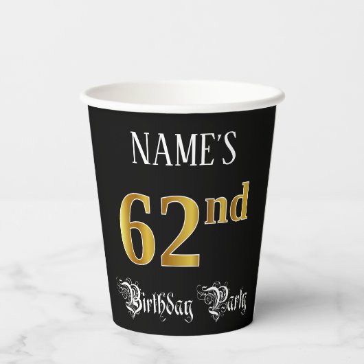 62e verjaardag — Fancy script, Faux Gold look Papieren Bekers (Achterkant)