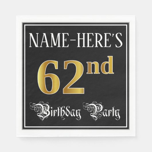 62e verjaardag — Fancy script, Faux Gold look Servet (Voorkant)