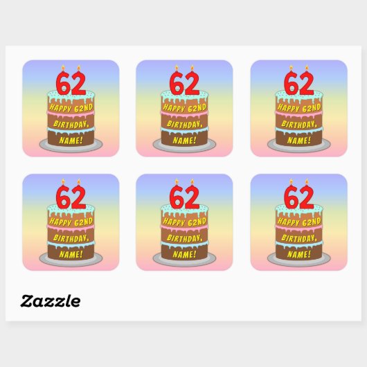 62e verjaardag: Fun Cake and Candles + Custom Name Vierkante Sticker (Vel)