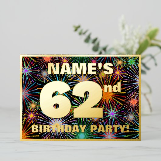 62e verjaardag: Fun, kleurrijke Fireworks look Folie Uitnodiging (Staand Voorkant)