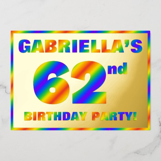 62e verjaardag - Fun, regenboogspectrum "62" Folie Uitnodiging (Voorkant)