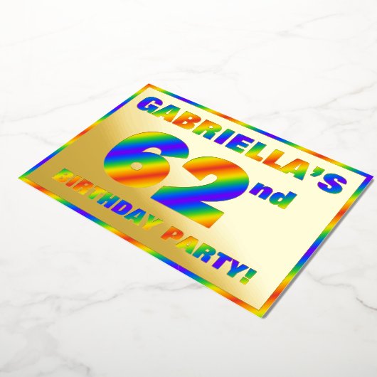 62e verjaardag - Fun, regenboogspectrum "62" Folie Uitnodiging (Gedraaid)
