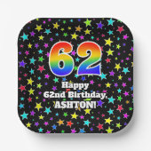 62e verjaardag: Fun Stars Pattern and Rainbow "62" Papieren Bordje (Voorkant)