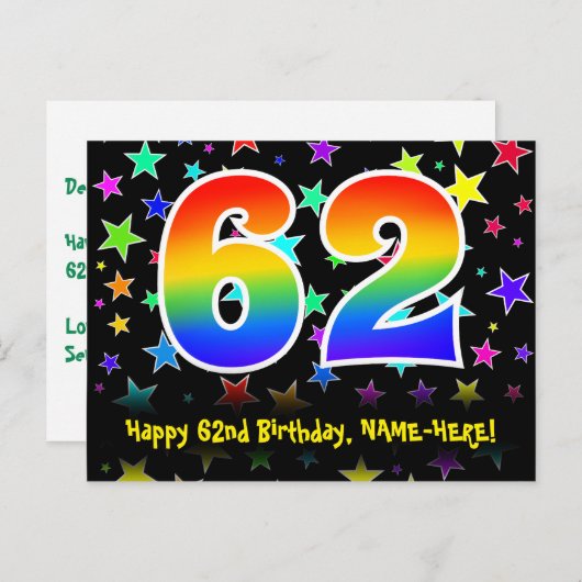 62e verjaardag: Fun Stars Pattern, Rainbow 62, Naa Briefkaart (Voorkant / Achterkant)