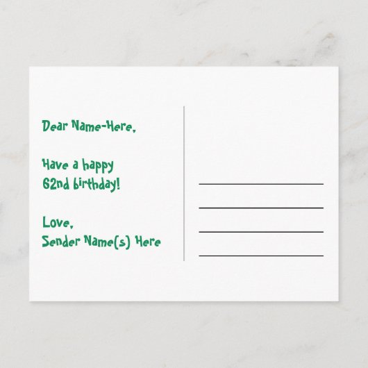 62e verjaardag: Fun Stars Pattern, Rainbow 62, Naa Briefkaart (Achterkant)