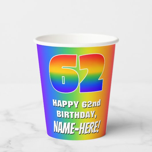 62e verjaardag: kleurrijk, vun regenboogpatroon #  papieren bekers (Achterkant)