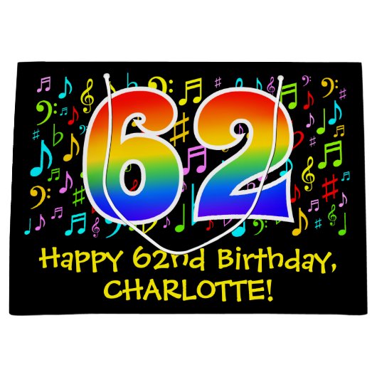 62e verjaardag - Kleurrijke muzieksymbolen, Rainbo Groot Cadeauzakje (Voorkant)