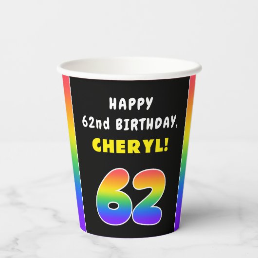 62e verjaardag: kleurrijke regenboog # 62, Naam va Papieren Bekers (Achterkant)
