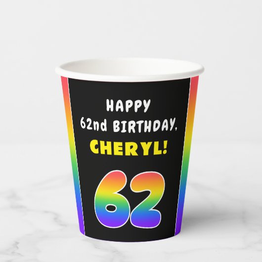 62e verjaardag: kleurrijke regenboog # 62, Naam va Papieren Bekers (Voorkant)