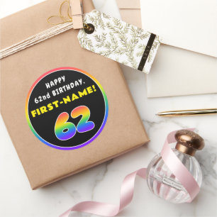 62e verjaardag: kleurrijke regenboog # 62, Naam va Ronde Sticker